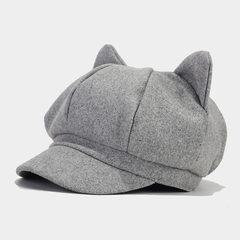 Cat Ear Newsboy Cap | 3-Color Wool Baker Boy Hat