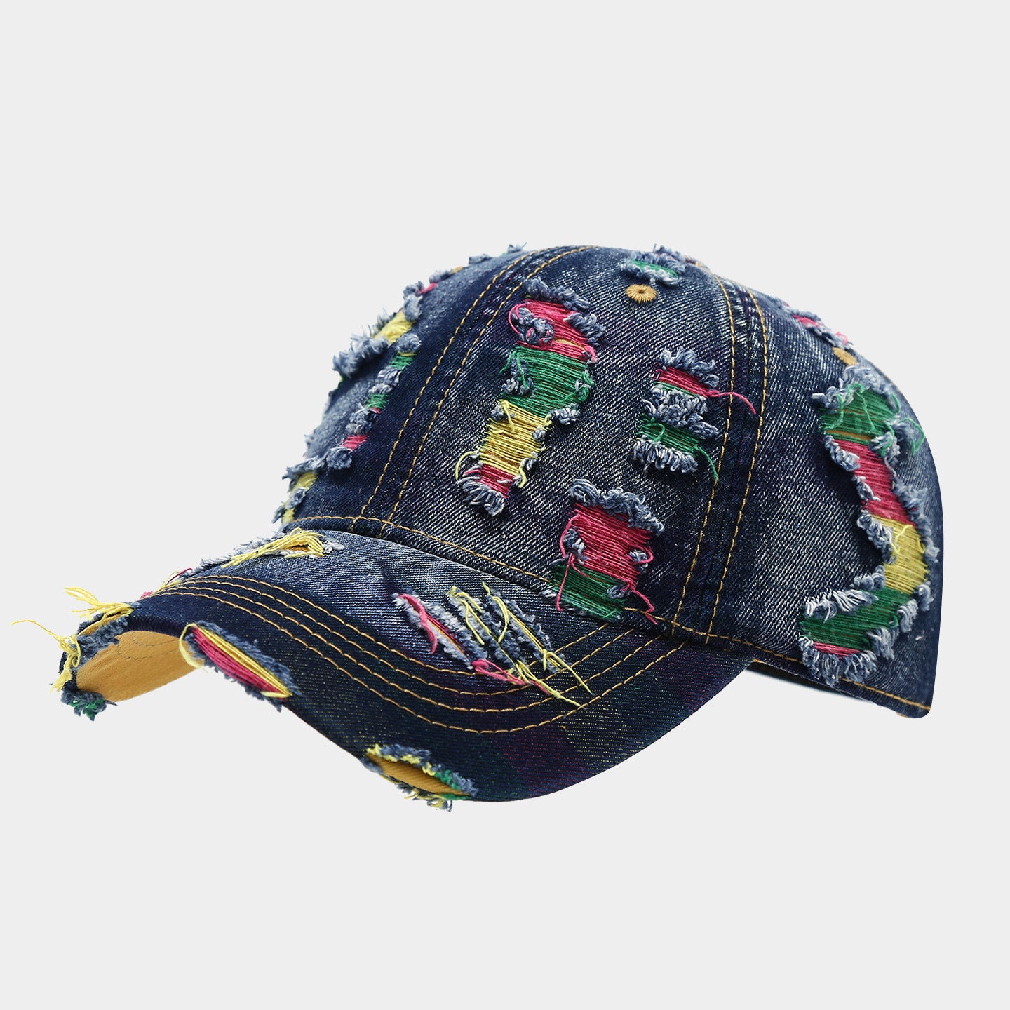 Colorful Distressed Denim Cap | Ripped Embroidered Streetwear Hat | Byerclub