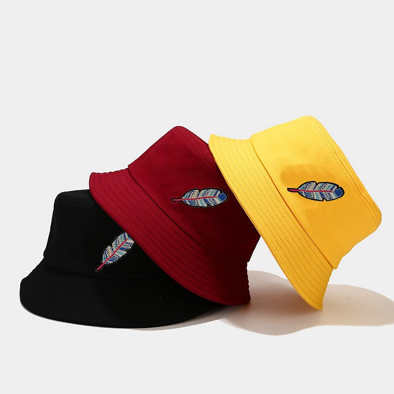 Feather Embroidery Bucket Hat | Reversible Fisherman Cap