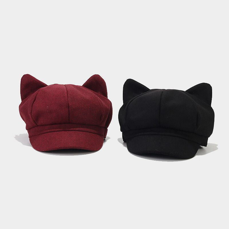 Cat Ear Newsboy Cap | 3-Color Wool Baker Boy Hat