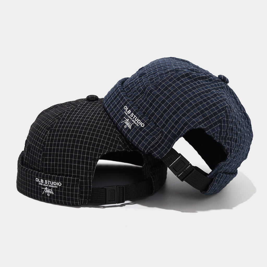 Vintage Grid Docker Cap | Adjustable Buckle Brimless Hat | Streetwear Miki Cap