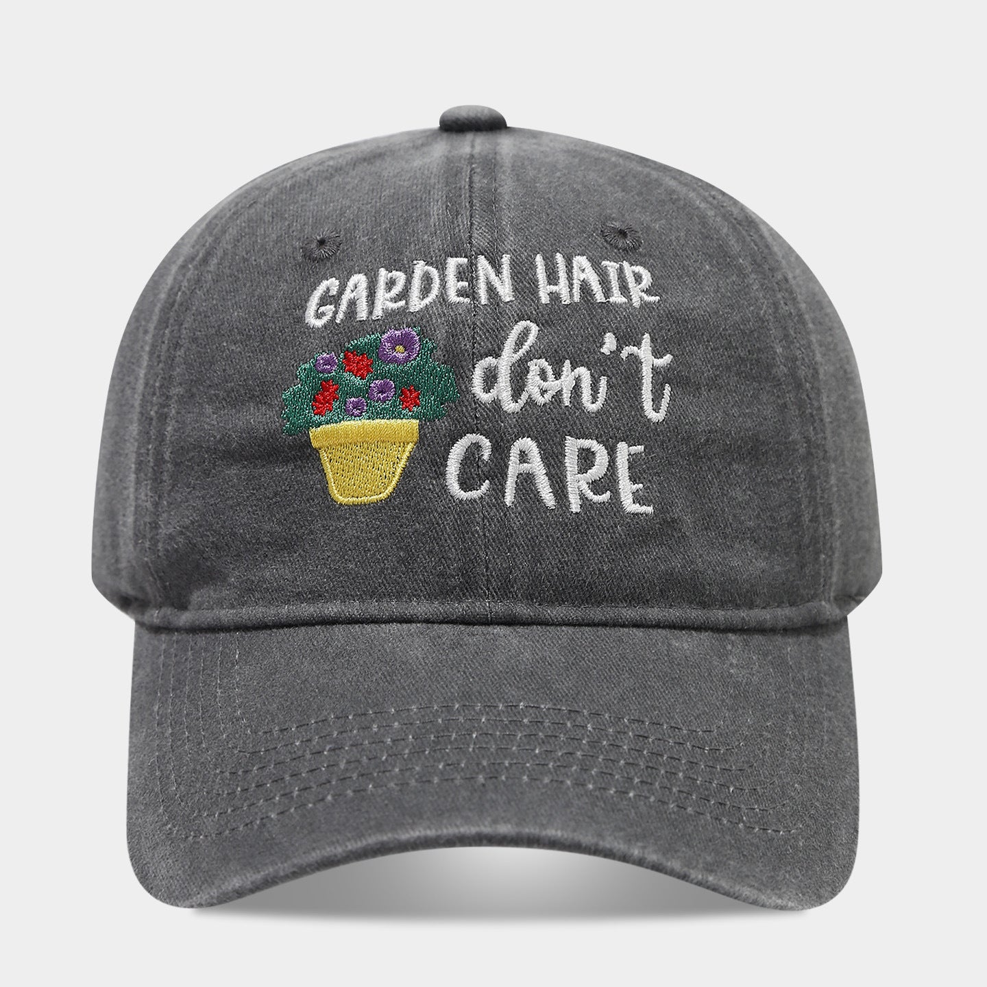 "Garden Hair Don't Care" Washed Dad Cap | Embroidered Gardening Baseball Hat | Vintage Cotton Cap