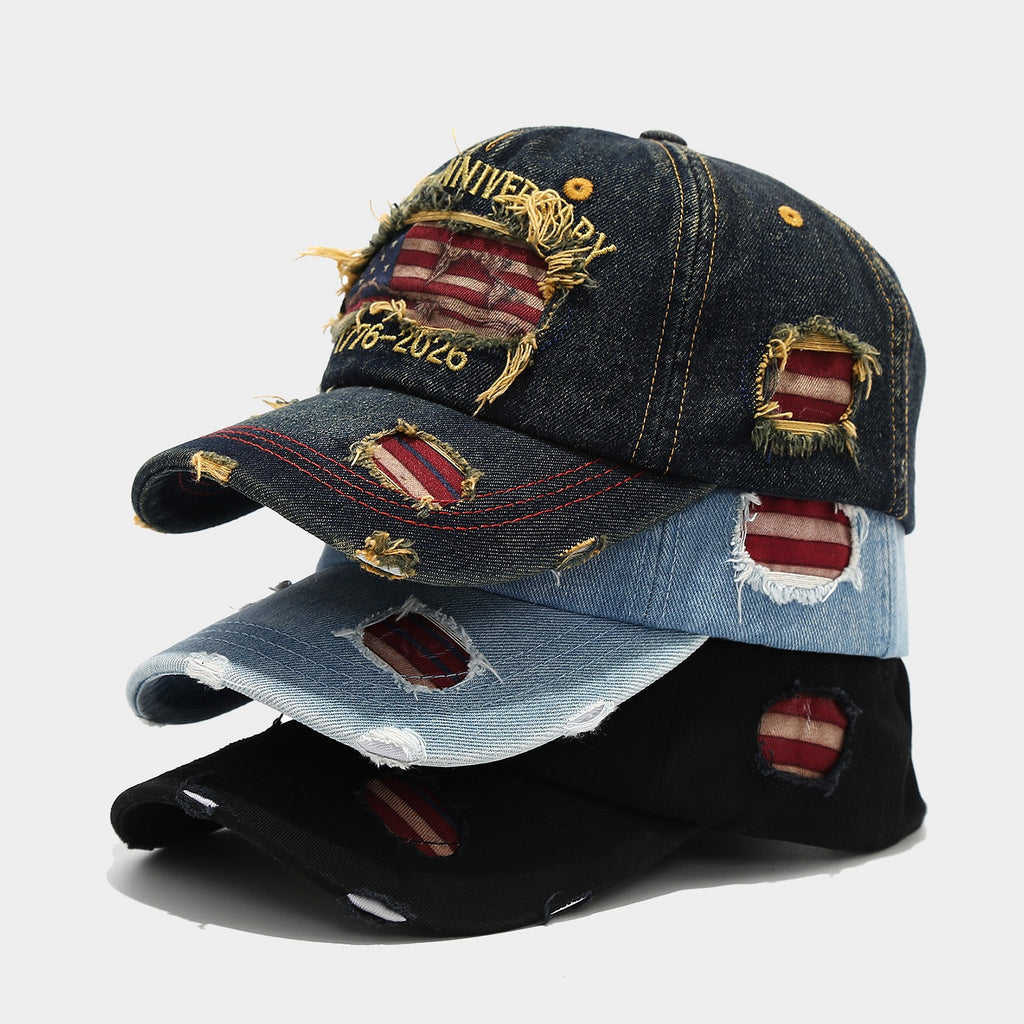 US 250th Anniversary Distressed Denim Cap | Vintage Flag Patch Baseball Hat | Byerclub