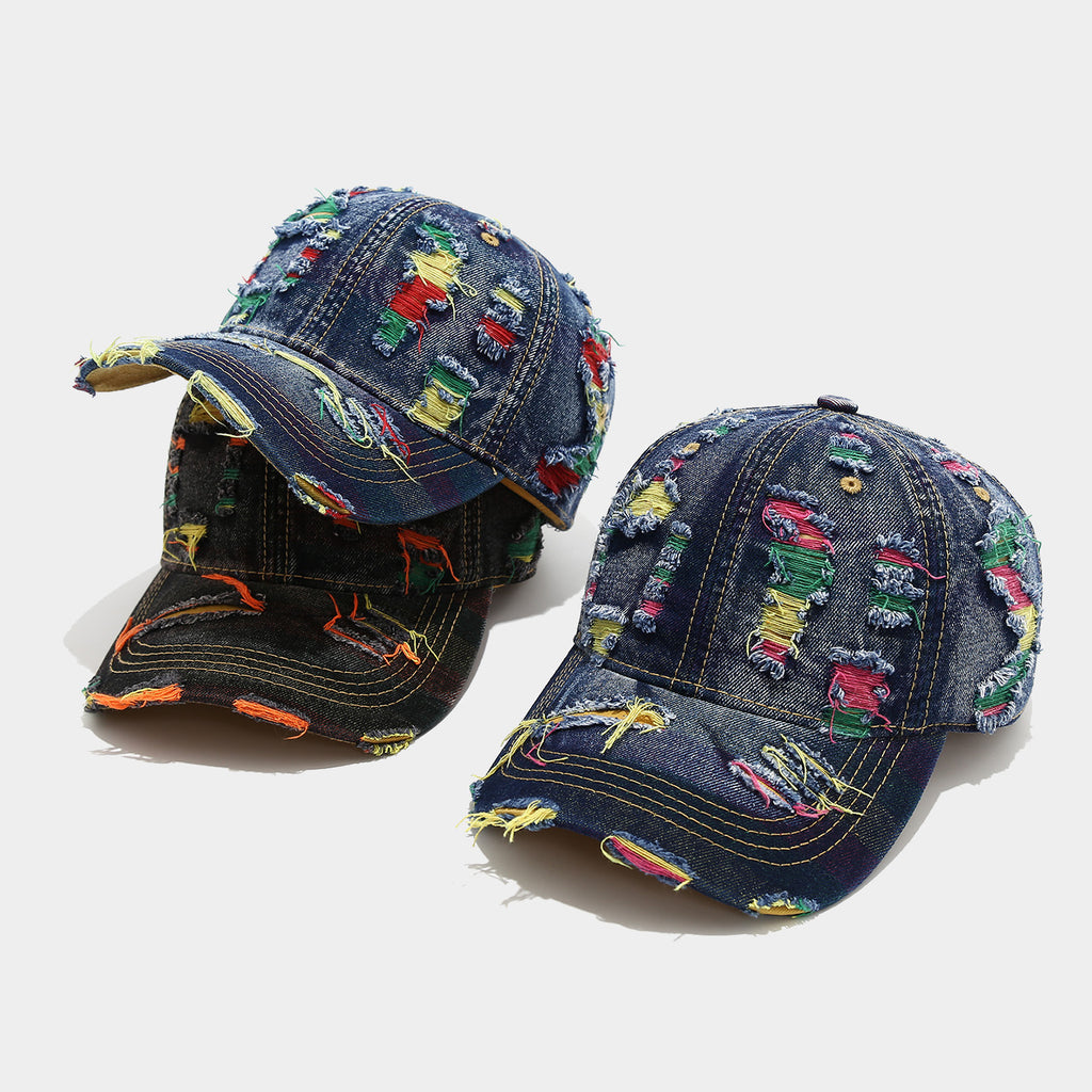 Colorful Distressed Denim Cap | Ripped Embroidered Streetwear Hat | Byerclub