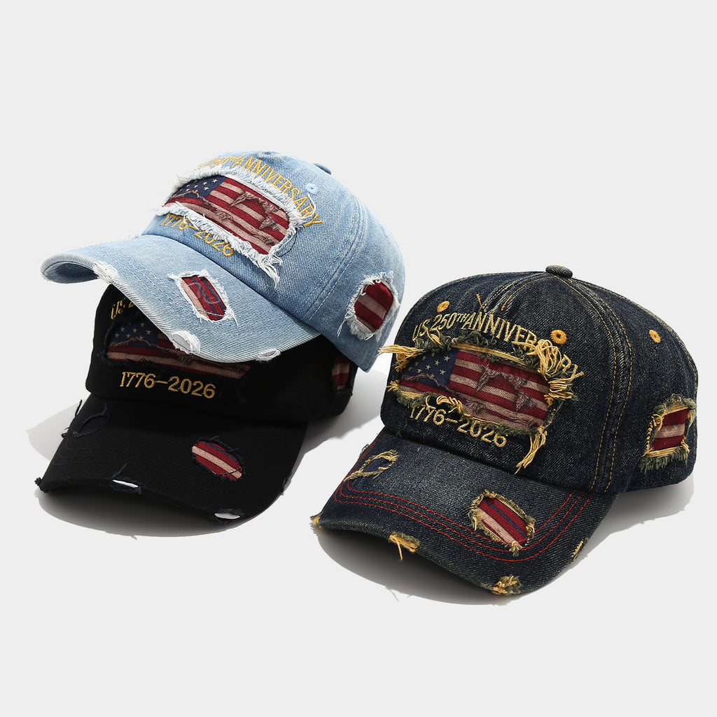 US 250th Anniversary Distressed Denim Cap | Vintage Flag Patch Baseball Hat | Byerclub
