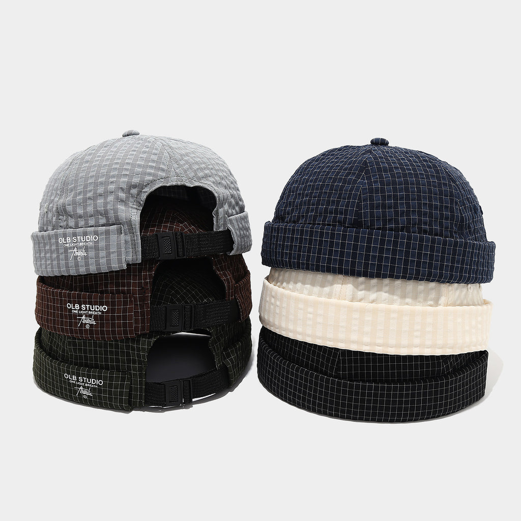 Vintage Grid Docker Cap | Adjustable Buckle Brimless Hat | Streetwear Miki Cap