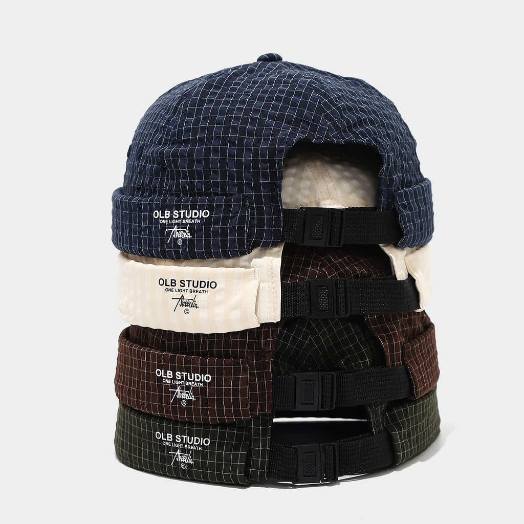 Vintage Grid Docker Cap | Adjustable Buckle Brimless Hat | Streetwear Miki Cap