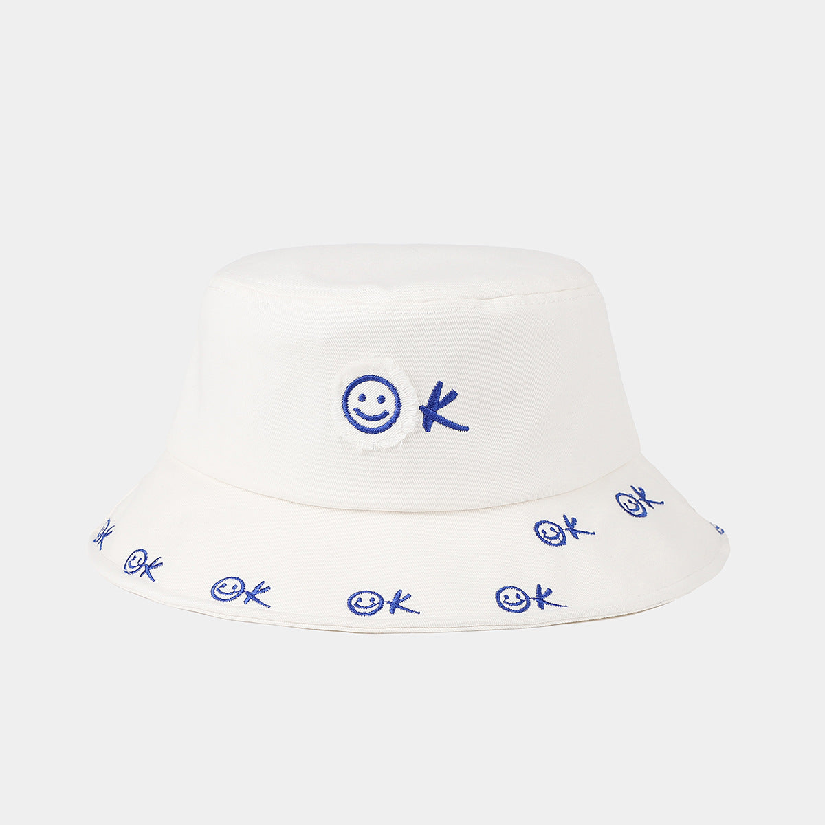 Smiley OK Embroidered Bucket Hat | Distressed Stitch Cotton Fisherman Cap | Cute Streetwear Hat