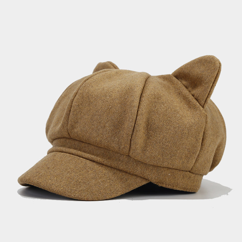 Cat Ear Newsboy Cap | 3-Color Wool Baker Boy Hat