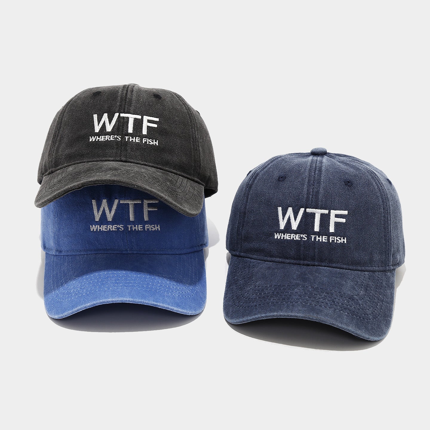 WTF Where's The Fish Embroidered Washed Vintage Dad Hat — 5 Colors