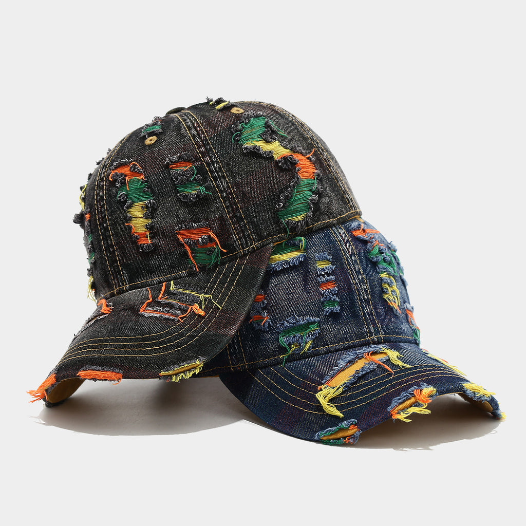 Colorful Distressed Denim Cap | Ripped Embroidered Streetwear Hat | Byerclub