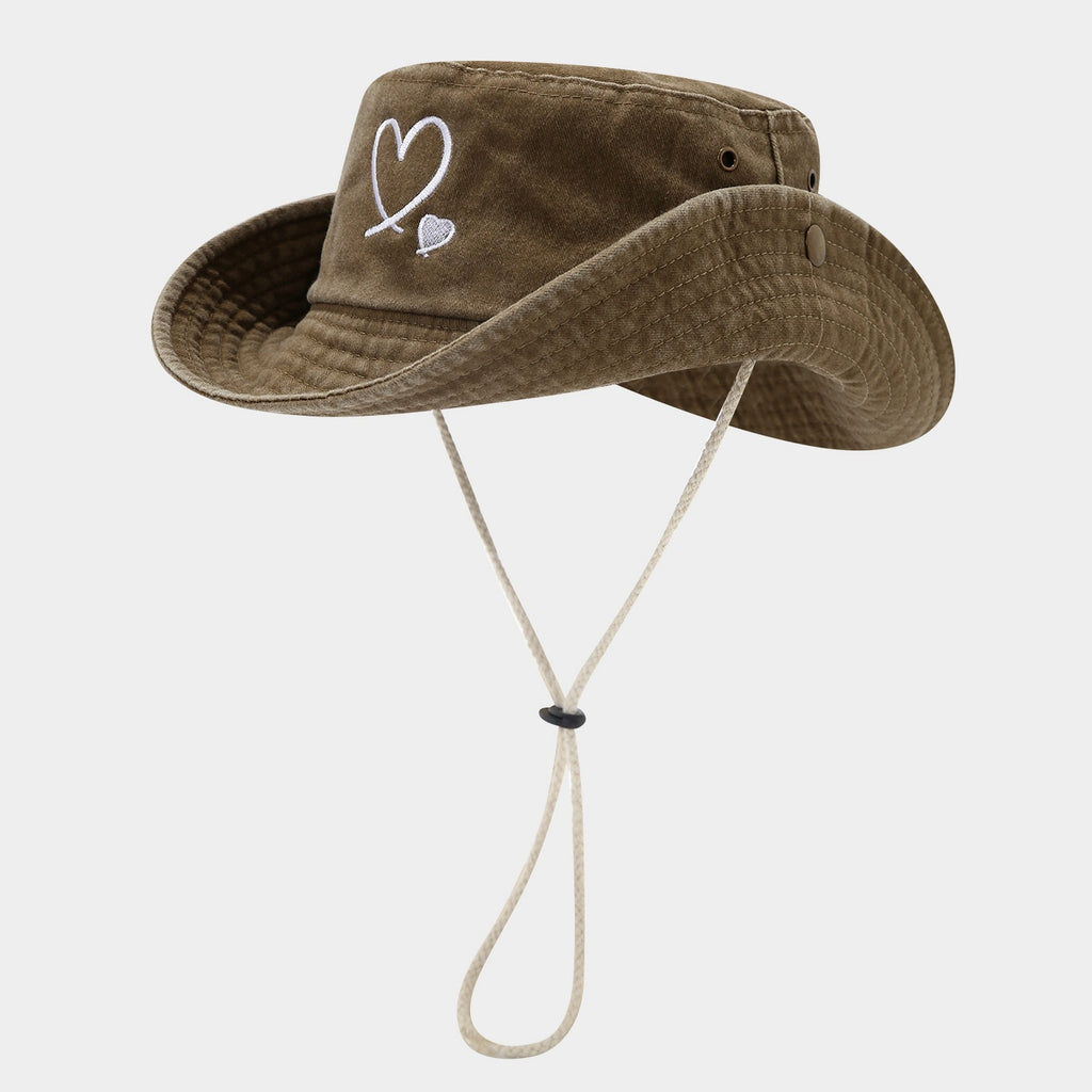 Heart Embroidered Bucket Hat | Washed Cotton Outdoor Cap