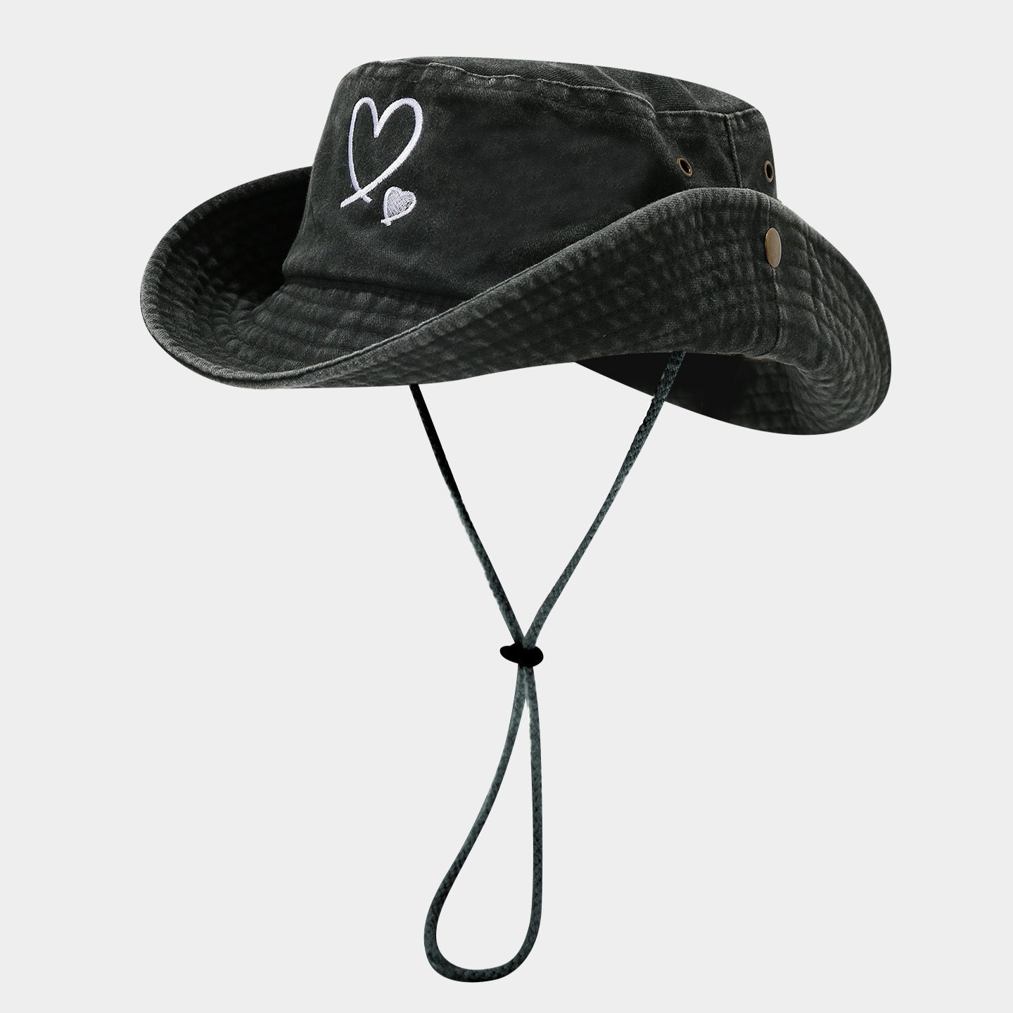 Heart Embroidered Bucket Hat | Washed Cotton Outdoor Cap