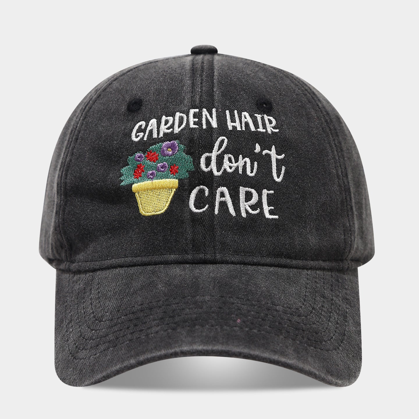 "Garden Hair Don't Care" Washed Dad Cap | Embroidered Gardening Baseball Hat | Vintage Cotton Cap
