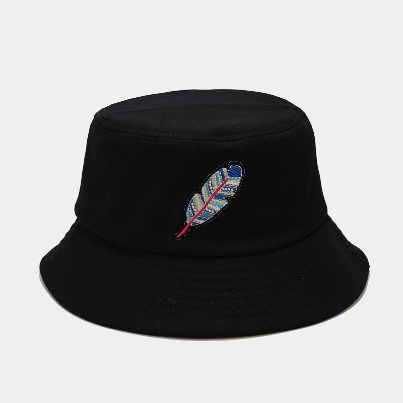 Feather Embroidery Bucket Hat | Reversible Fisherman Cap