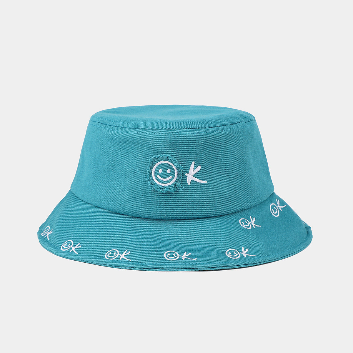 Smiley OK Embroidered Bucket Hat | Distressed Stitch Cotton Fisherman Cap | Cute Streetwear Hat