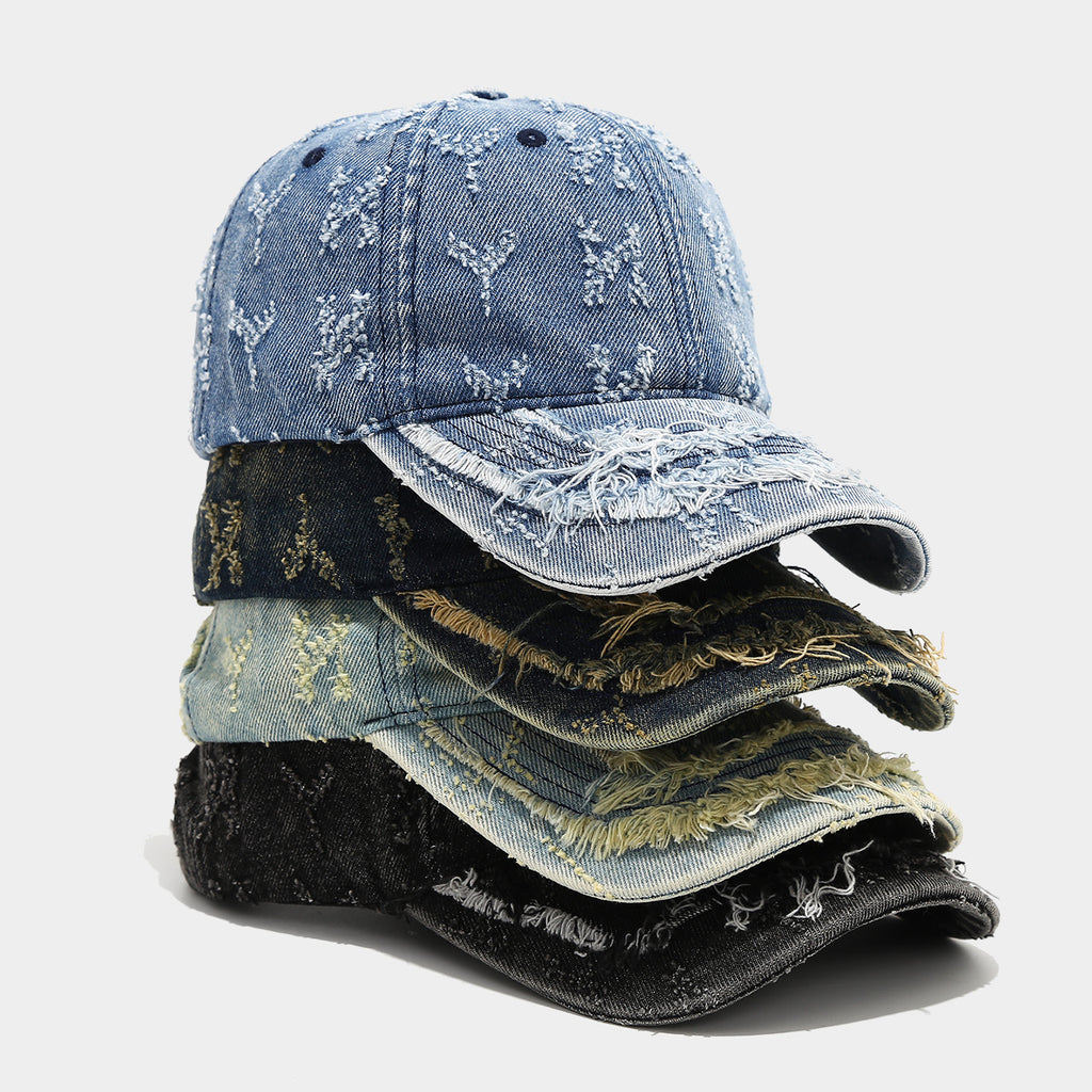 Distressed Embroidered Denim Cap | Vintage Frayed Streetwear Hat | Byerclub