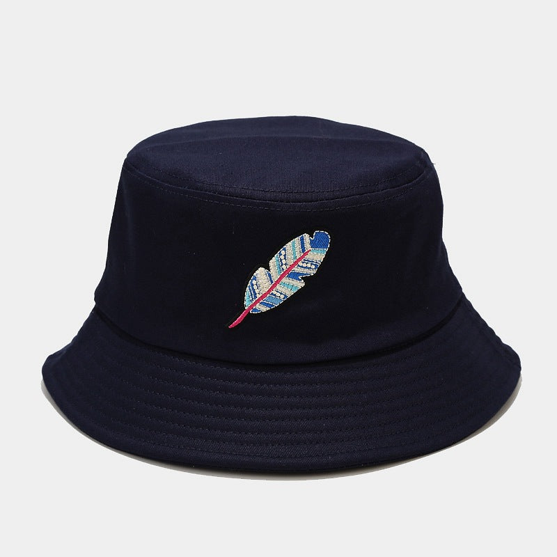 Feather Embroidery Bucket Hat | Reversible Fisherman Cap