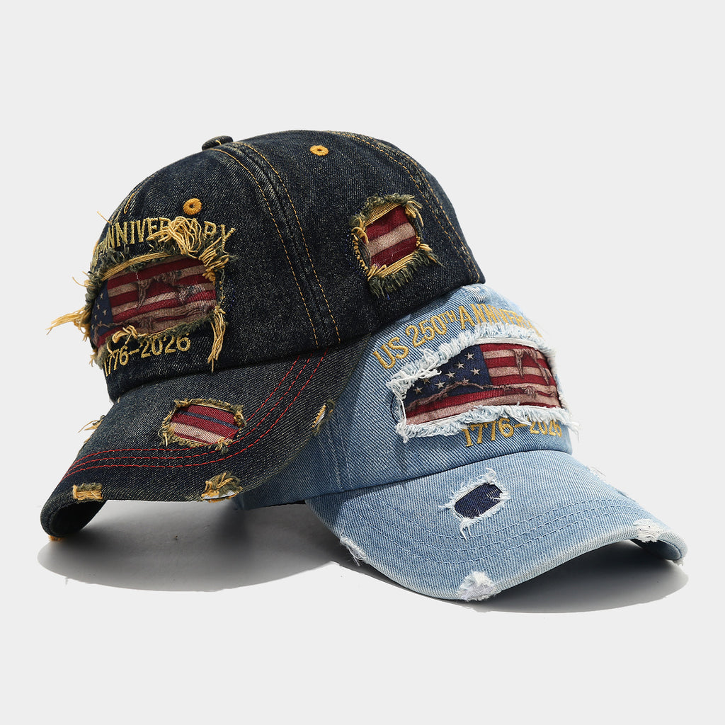US 250th Anniversary Distressed Denim Cap | Vintage Flag Patch Baseball Hat | Byerclub