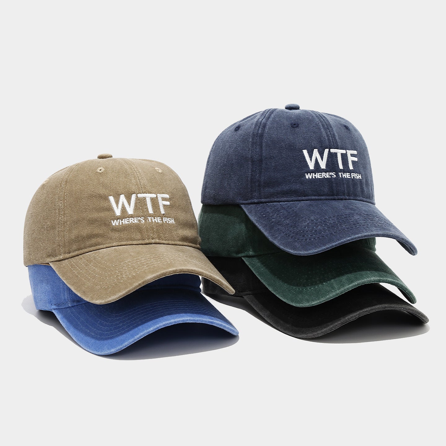 WTF Where's The Fish Embroidered Washed Vintage Dad Hat — 5 Colors