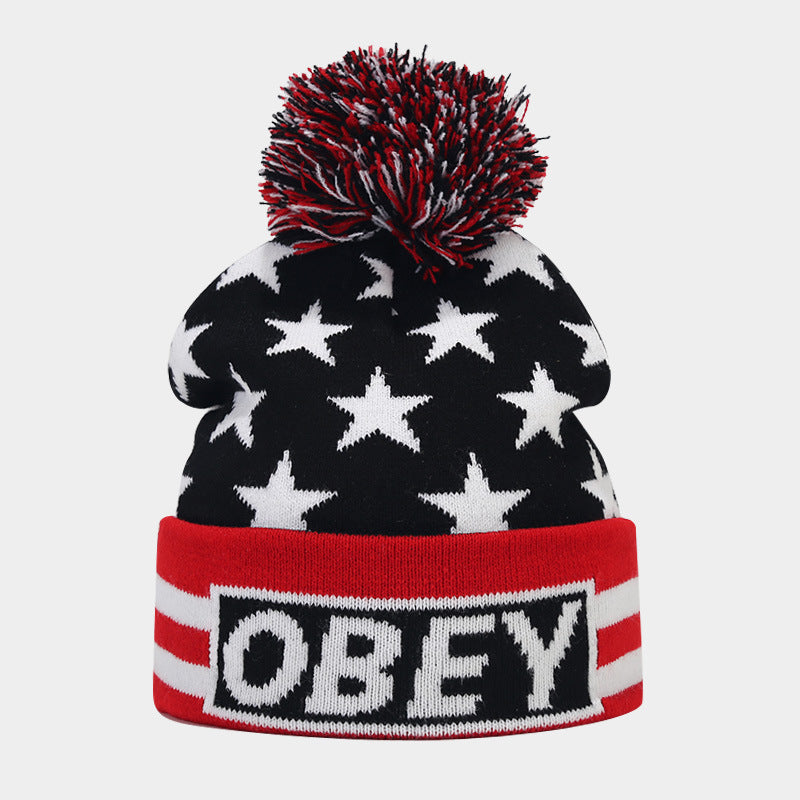 Obey Pom Beanie | Star Stripe Knit Winter Hat
