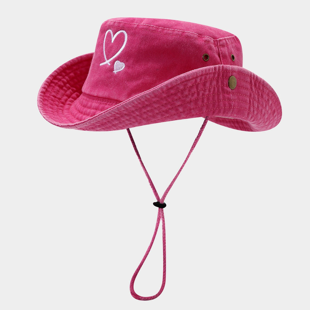 Heart Embroidered Bucket Hat | Washed Cotton Outdoor Cap