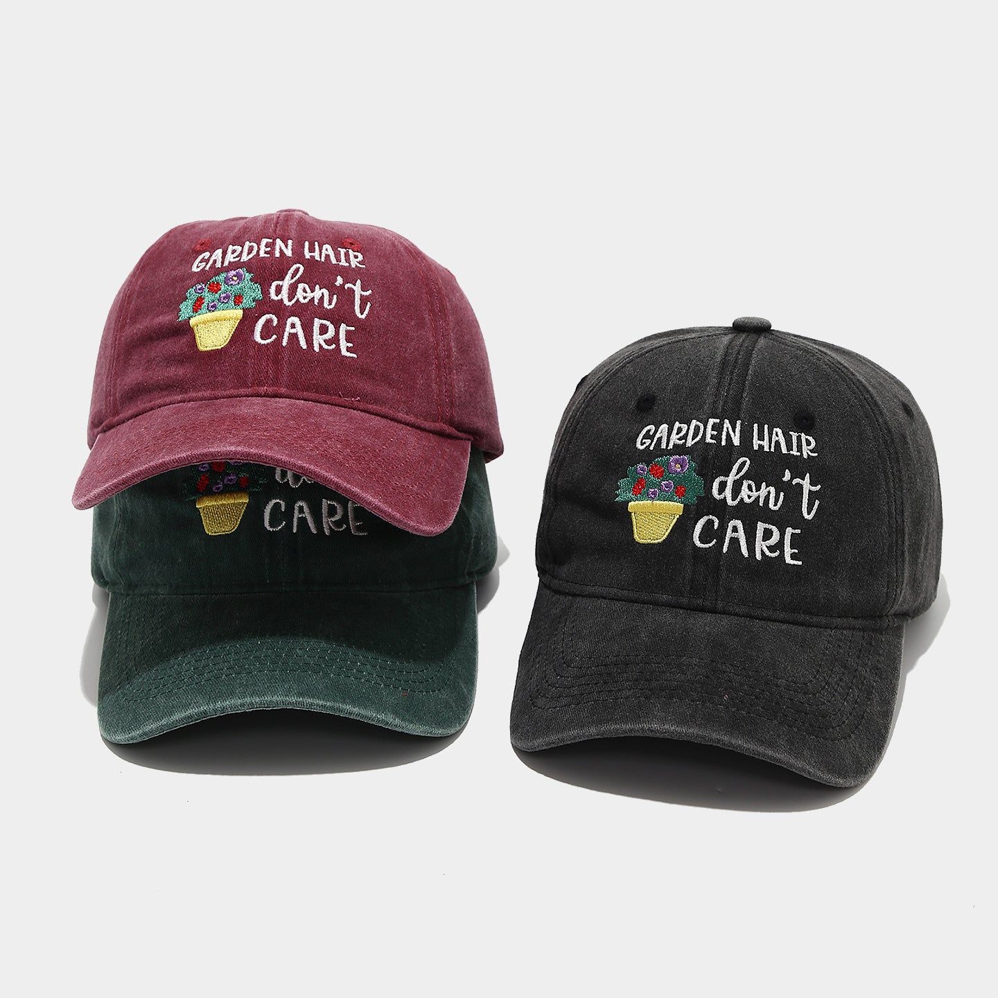 "Garden Hair Don't Care" Washed Dad Cap | Embroidered Gardening Baseball Hat | Vintage Cotton Cap
