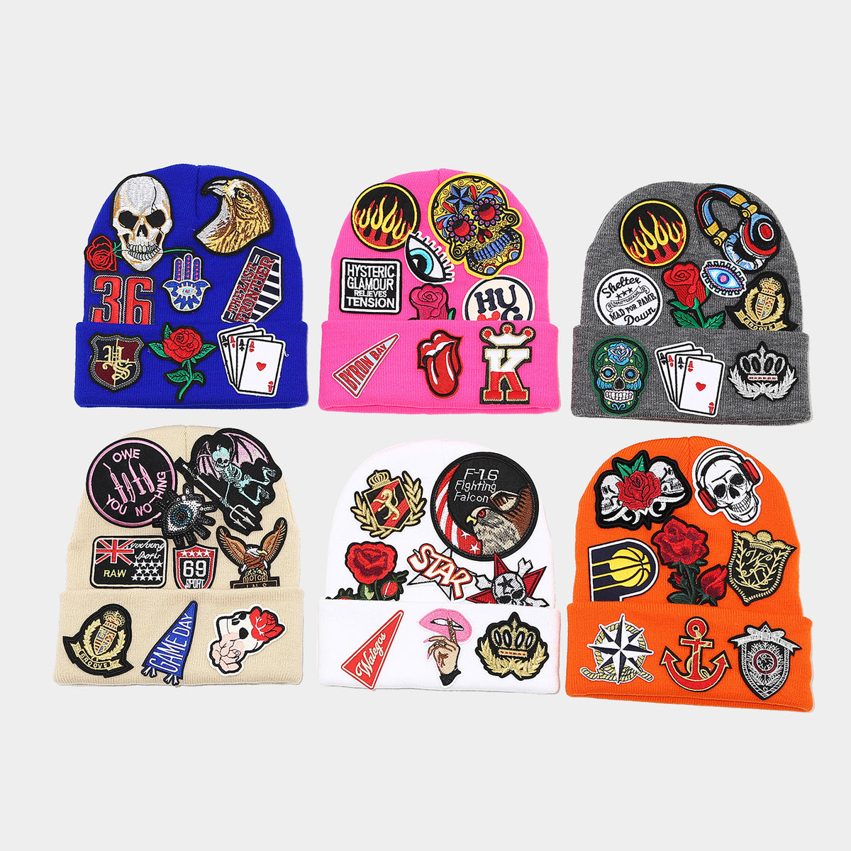 Byerclub Y2K Patch Beanie – Embroidered Applique Knit Hat with Skull, Rose & Flame Patches in 12 Colors