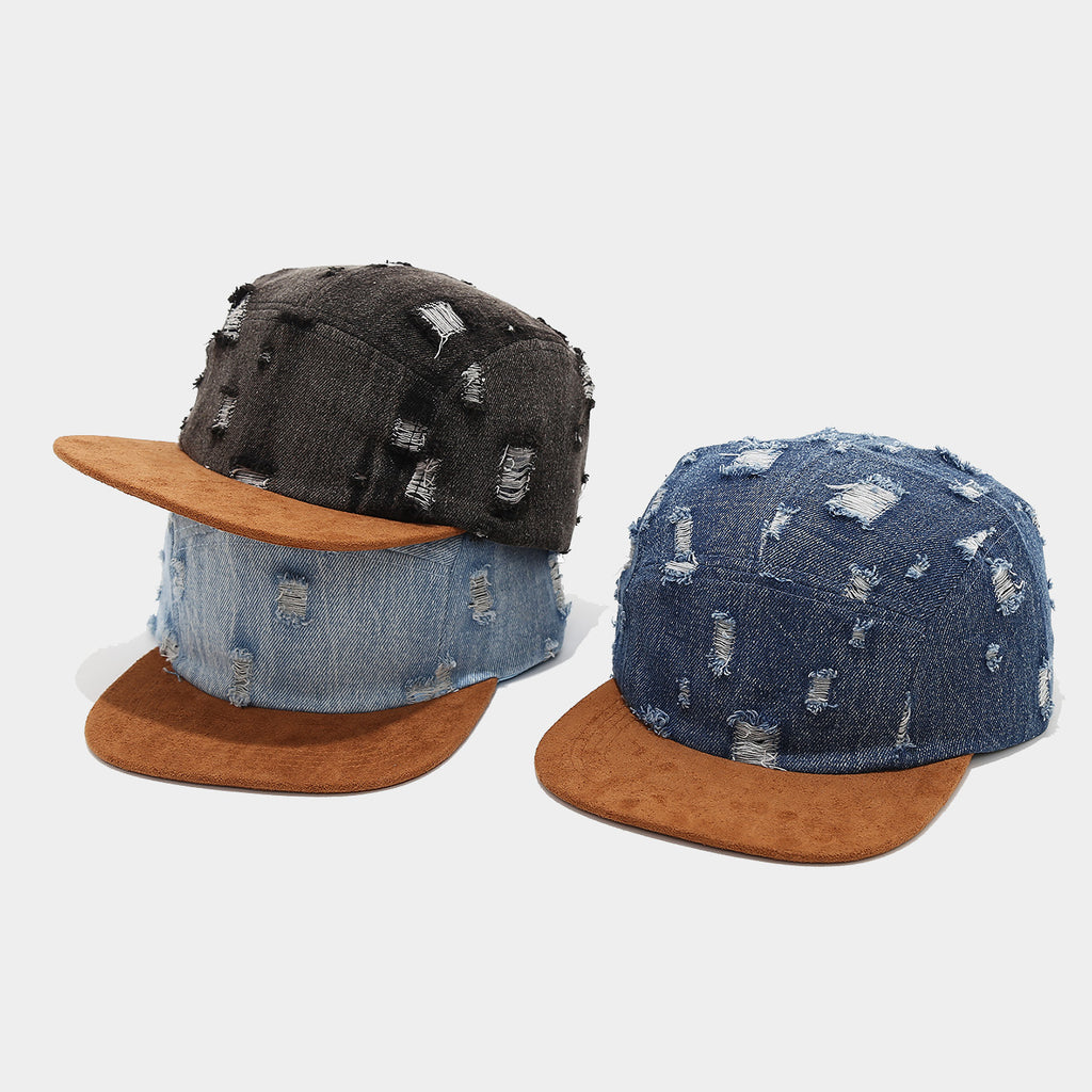 Distressed Denim Snapback Hat with Suede Flat Brim