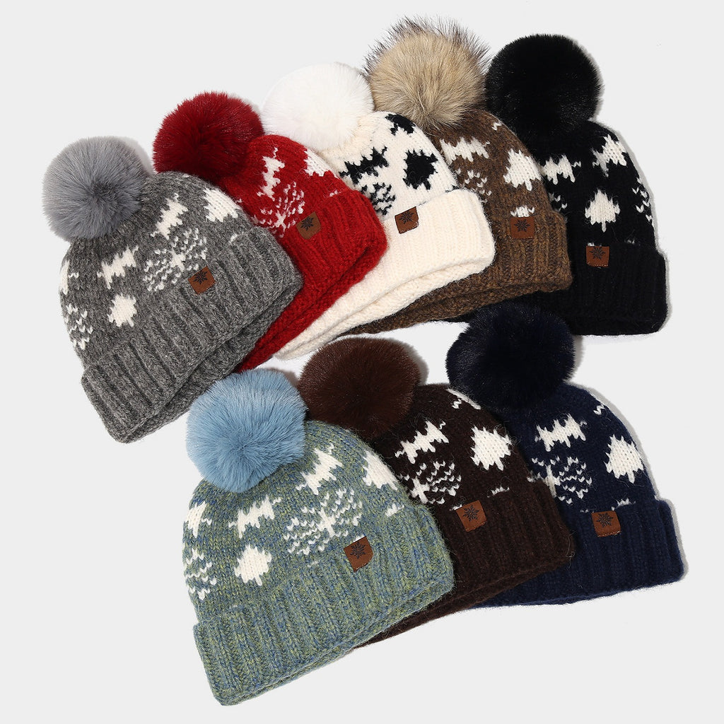 Byerclub Women's Fair Isle Snowflake Pom Pom Beanie – Cozy Nordic Knit Winter Hat with Faux Fur Puff Ball in 9 Colors