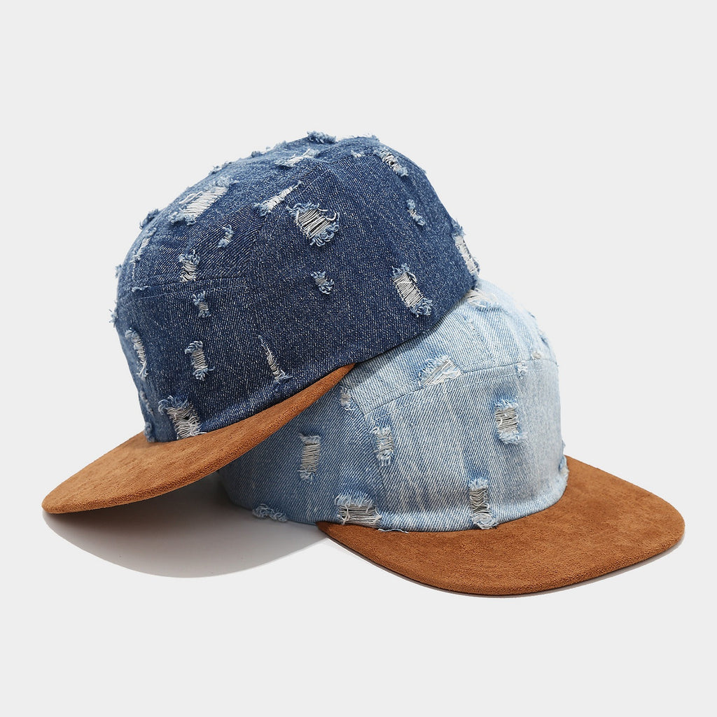 Distressed Denim Snapback Hat with Suede Flat Brim