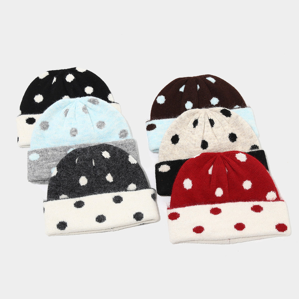 Byerclub Women's Fuzzy Polka Dot Beanie – Color Block Dot Knit Winter Hat with Rolled Cuff in 6 Colors