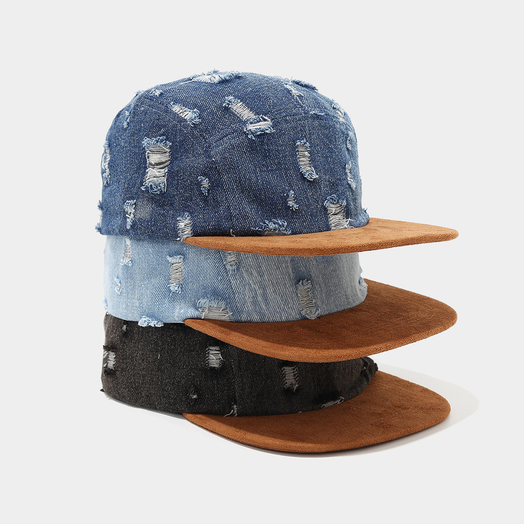 Distressed Denim Snapback Hat with Suede Flat Brim