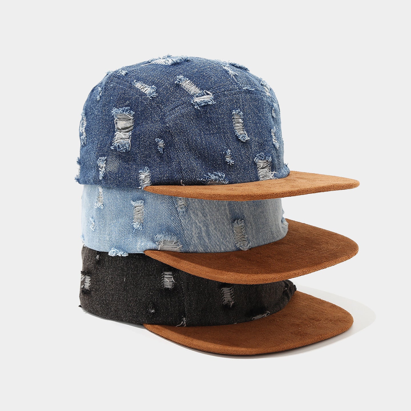 Distressed Denim Snapback Hat with Suede Flat Brim