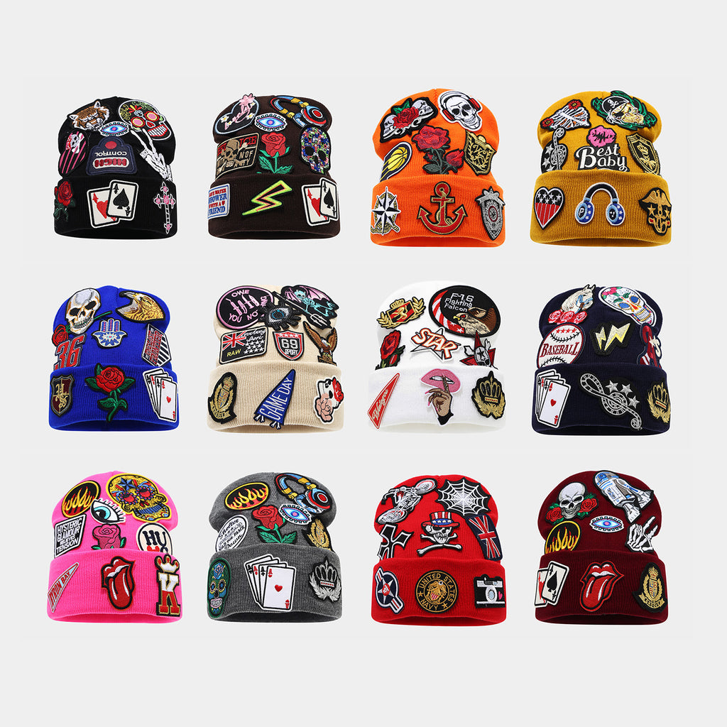Byerclub Y2K Patch Beanie – Embroidered Applique Knit Hat with Skull, Rose & Flame Patches in 12 Colors
