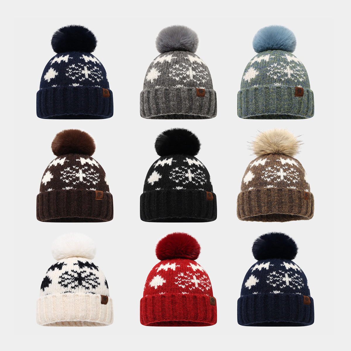 Byerclub Women's Fair Isle Snowflake Pom Pom Beanie – Cozy Nordic Knit Winter Hat with Faux Fur Puff Ball in 9 Colors