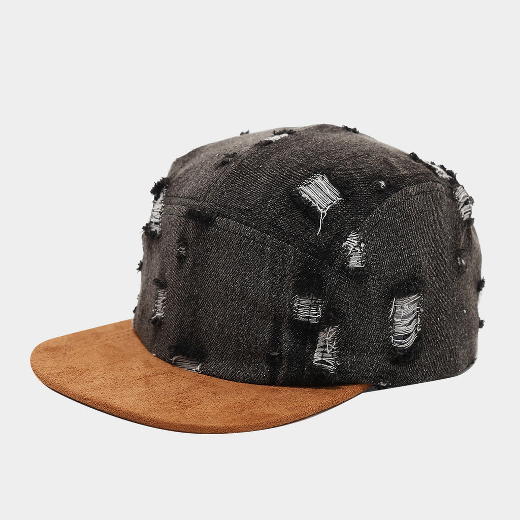 Distressed Denim Snapback Hat with Suede Flat Brim