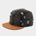 Distressed Denim Snapback Hat with Suede Flat Brim