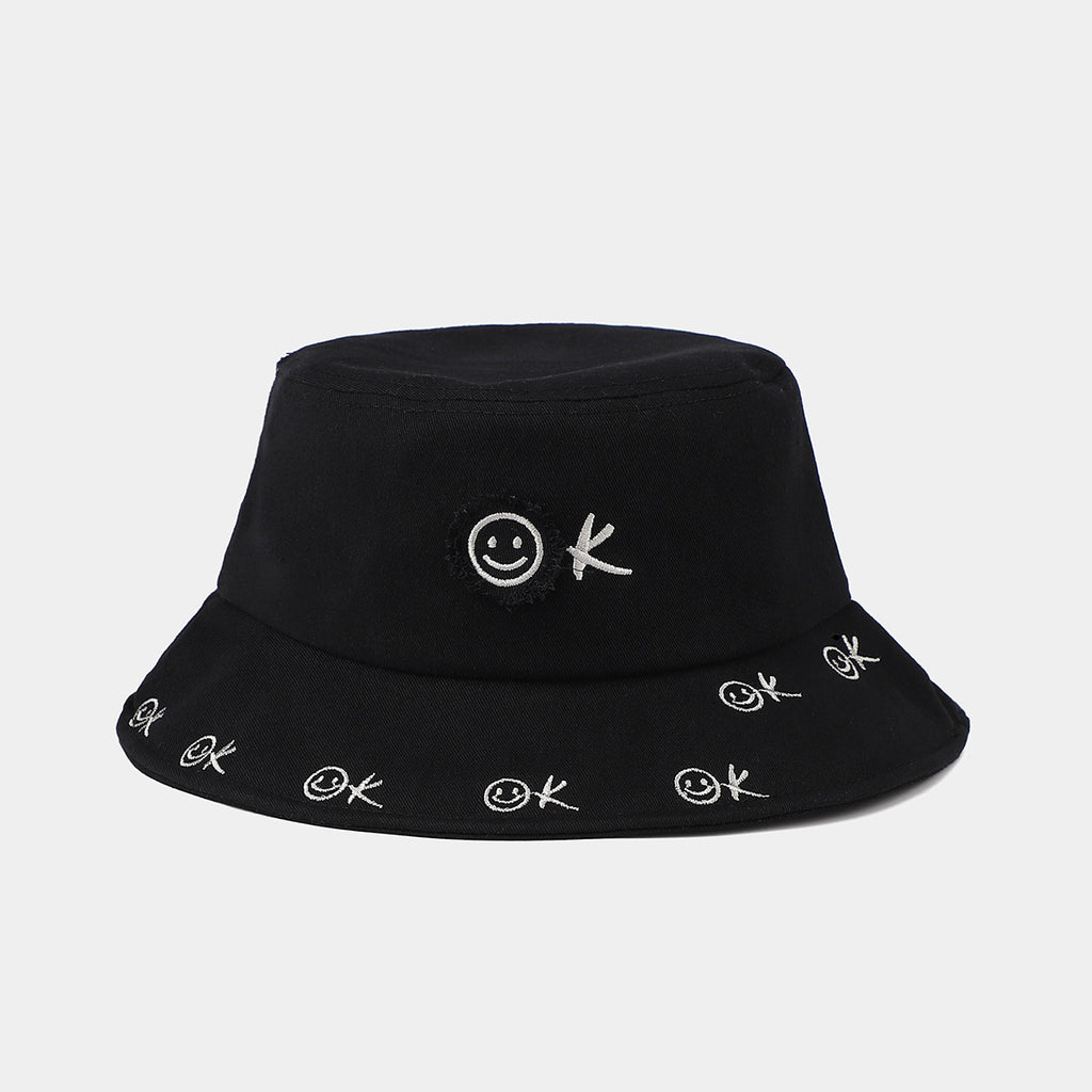 Smiley OK Embroidered Bucket Hat | Distressed Stitch Cotton Fisherman Cap | Cute Streetwear Hat