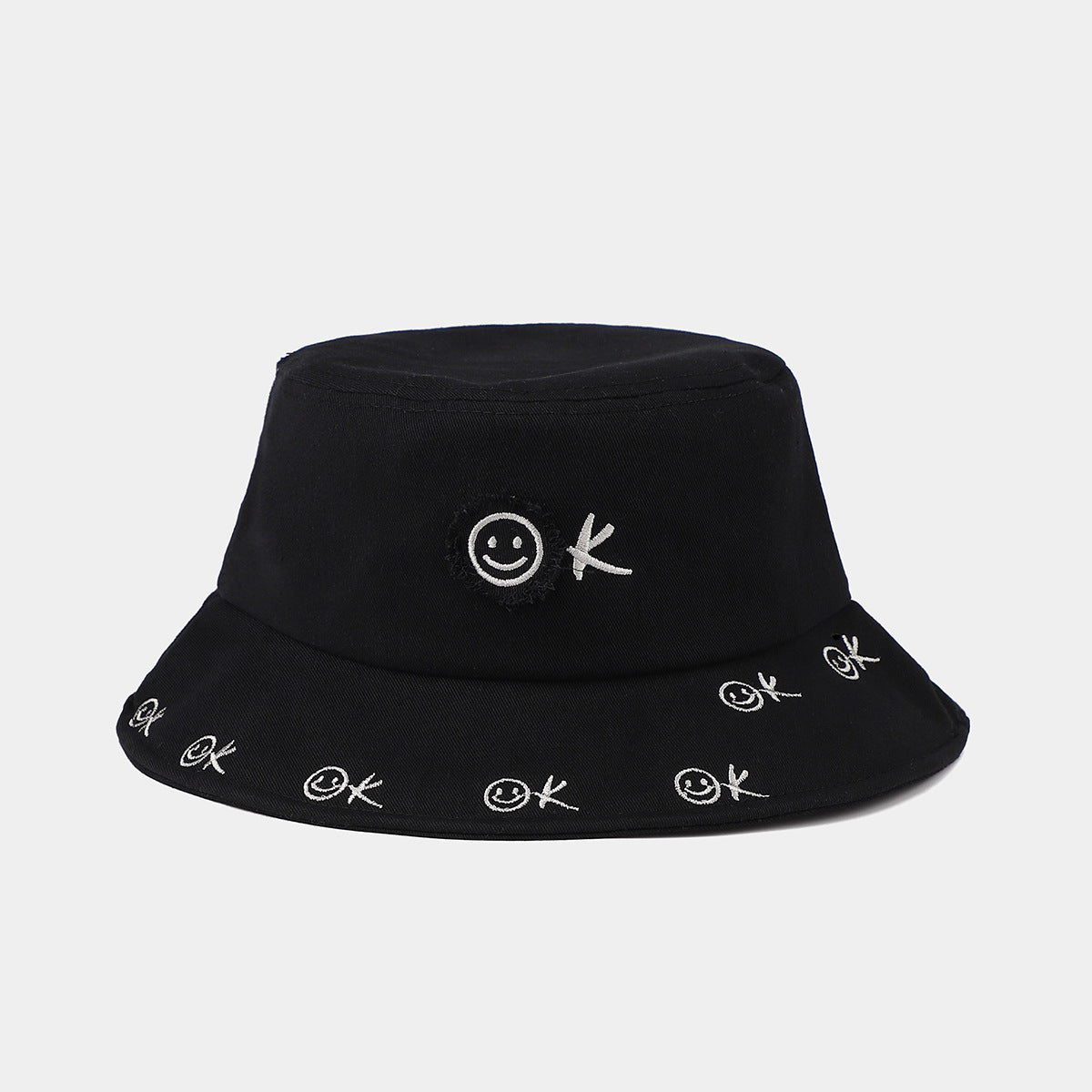 Smiley OK Embroidered Bucket Hat | Distressed Stitch Cotton Fisherman Cap | Cute Streetwear Hat