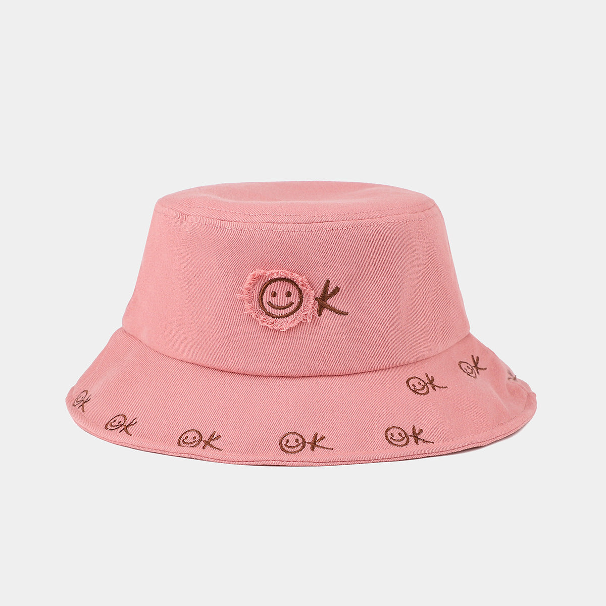 Smiley OK Embroidered Bucket Hat | Distressed Stitch Cotton Fisherman Cap | Cute Streetwear Hat