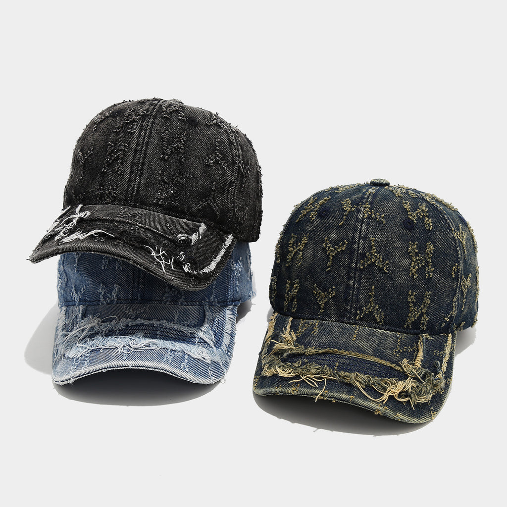 Distressed Embroidered Denim Cap | Vintage Frayed Streetwear Hat | Byerclub