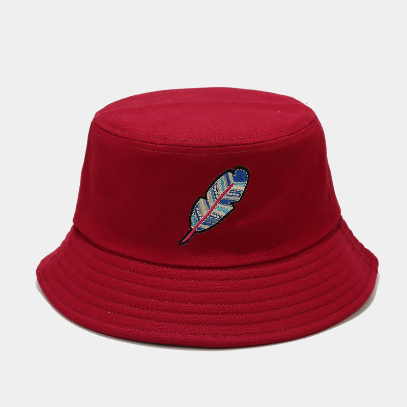 Feather Embroidery Bucket Hat | Reversible Fisherman Cap