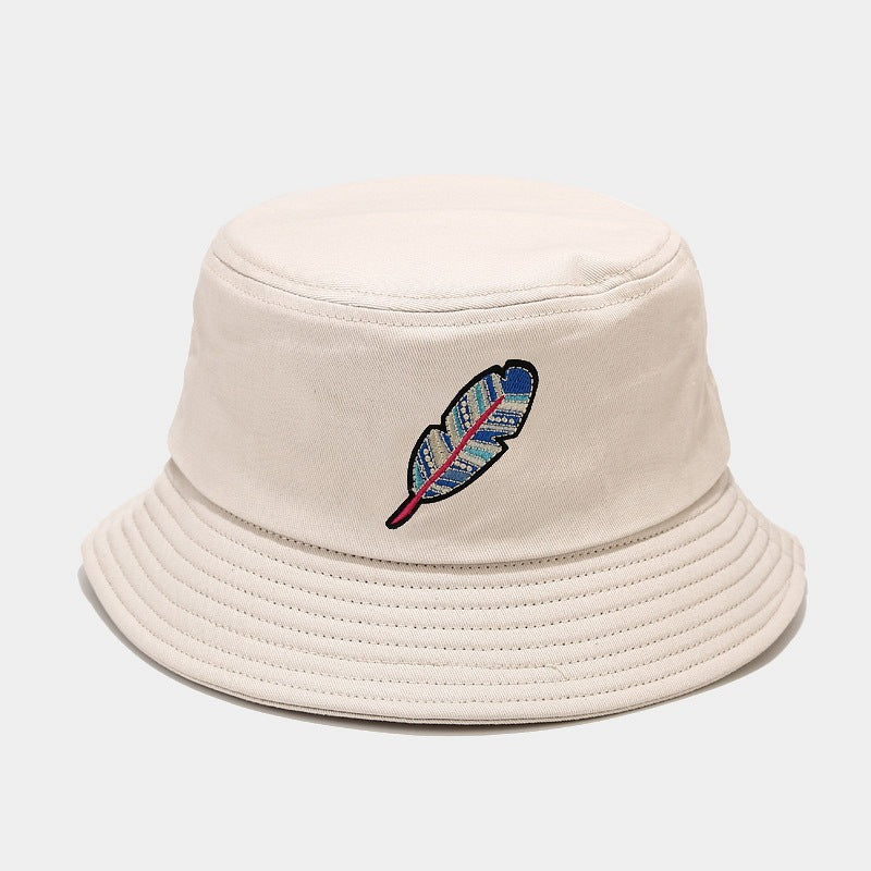 Feather Embroidery Bucket Hat | Reversible Fisherman Cap