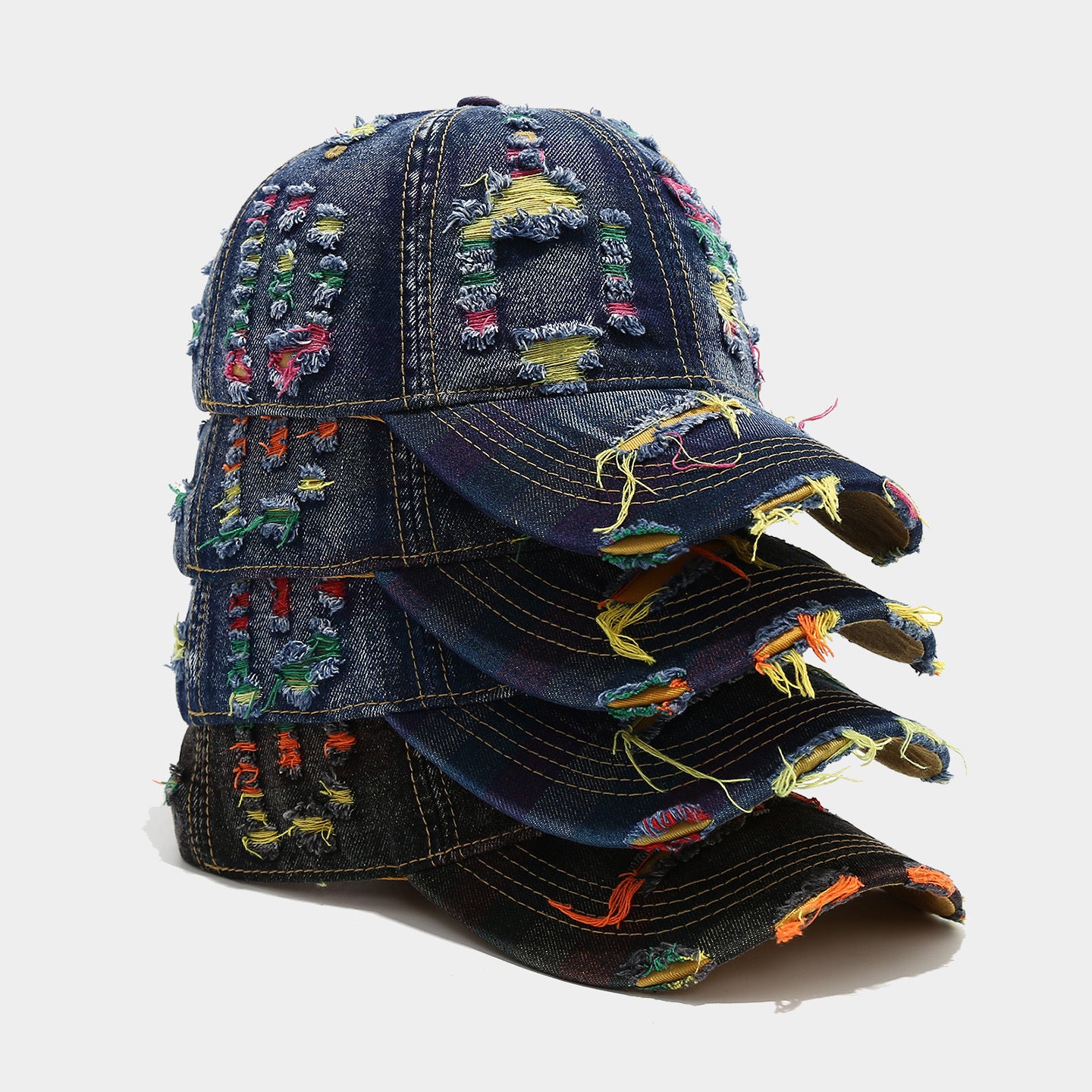 Colorful Distressed Denim Cap | Ripped Embroidered Streetwear Hat | Byerclub
