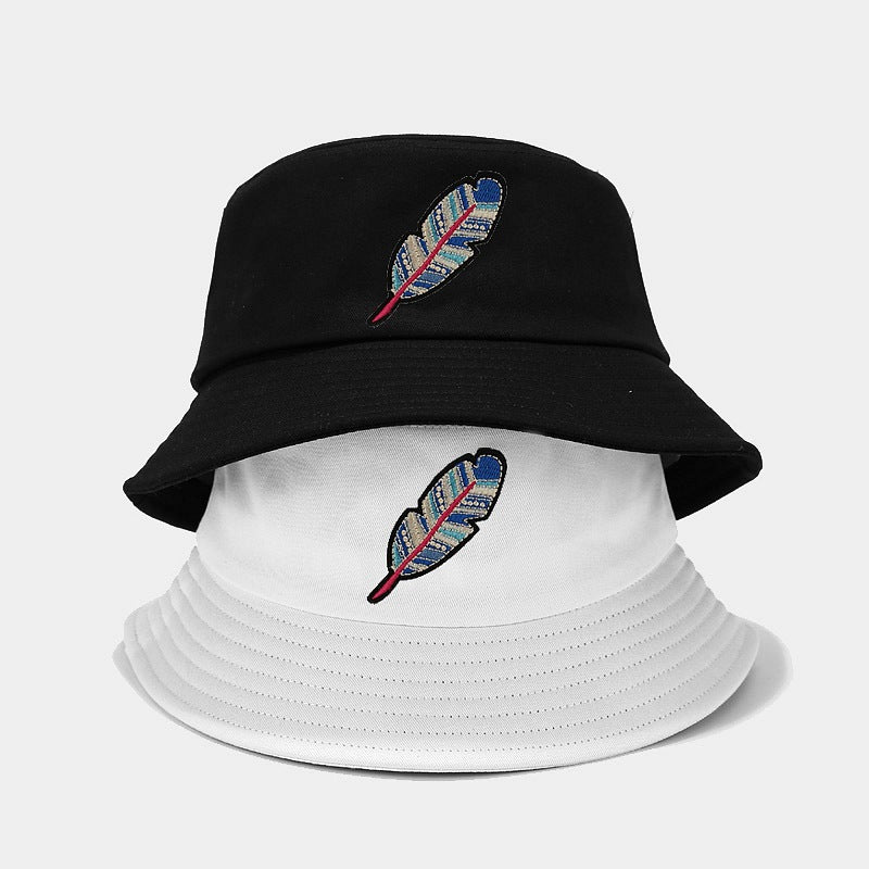 Feather Embroidery Bucket Hat | Reversible Fisherman Cap
