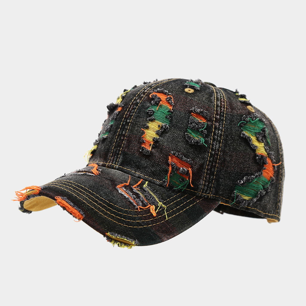 Colorful Distressed Denim Cap | Ripped Embroidered Streetwear Hat | Byerclub