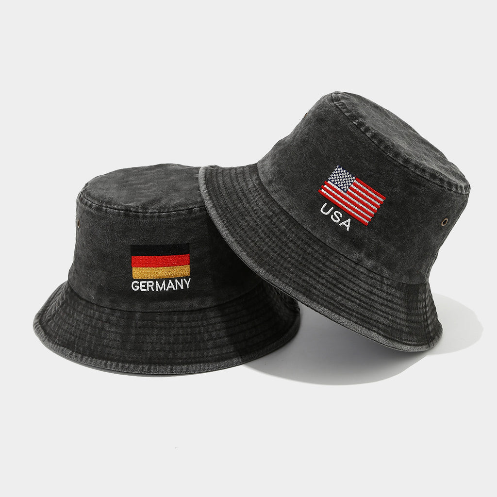Vintage Flag Embroidery Bucket Hat | Washed Cotton Fisherman Cap | Byerclub