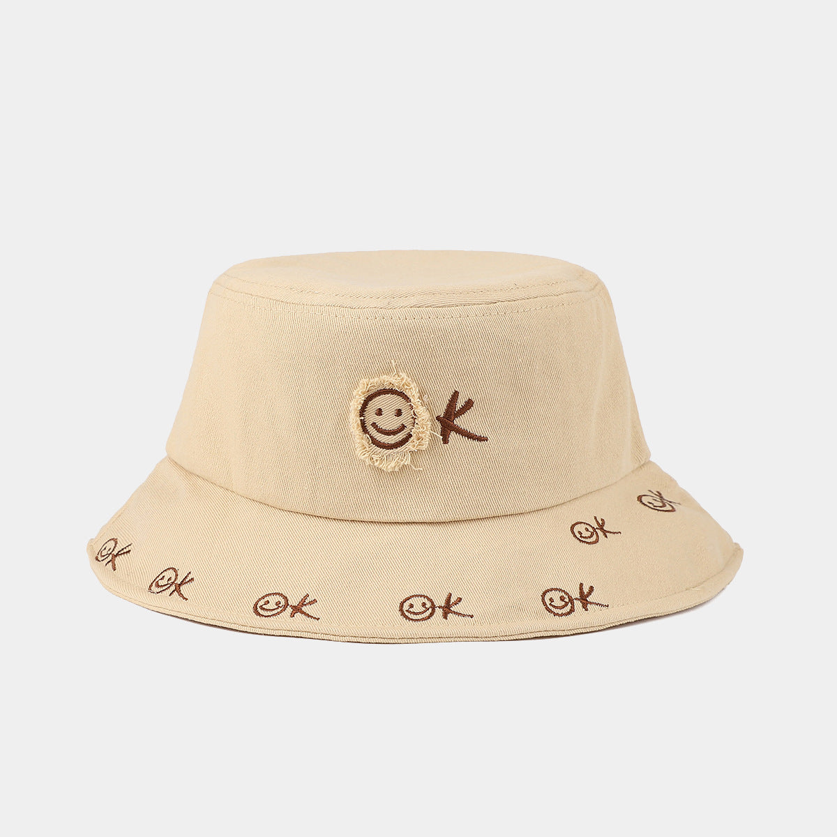Smiley OK Embroidered Bucket Hat | Distressed Stitch Cotton Fisherman Cap | Cute Streetwear Hat