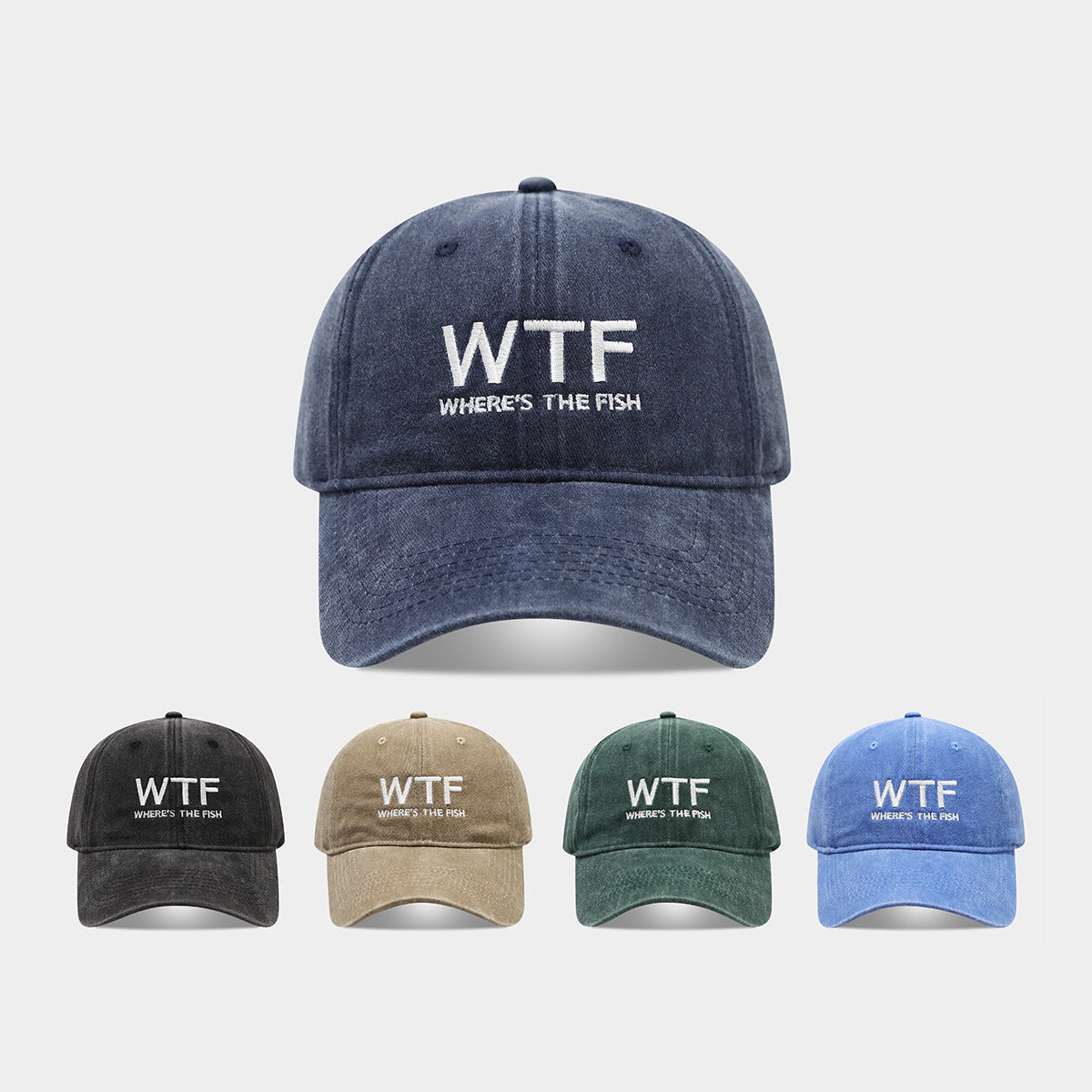 WTF Where's The Fish Embroidered Washed Vintage Dad Hat — 5 Colors